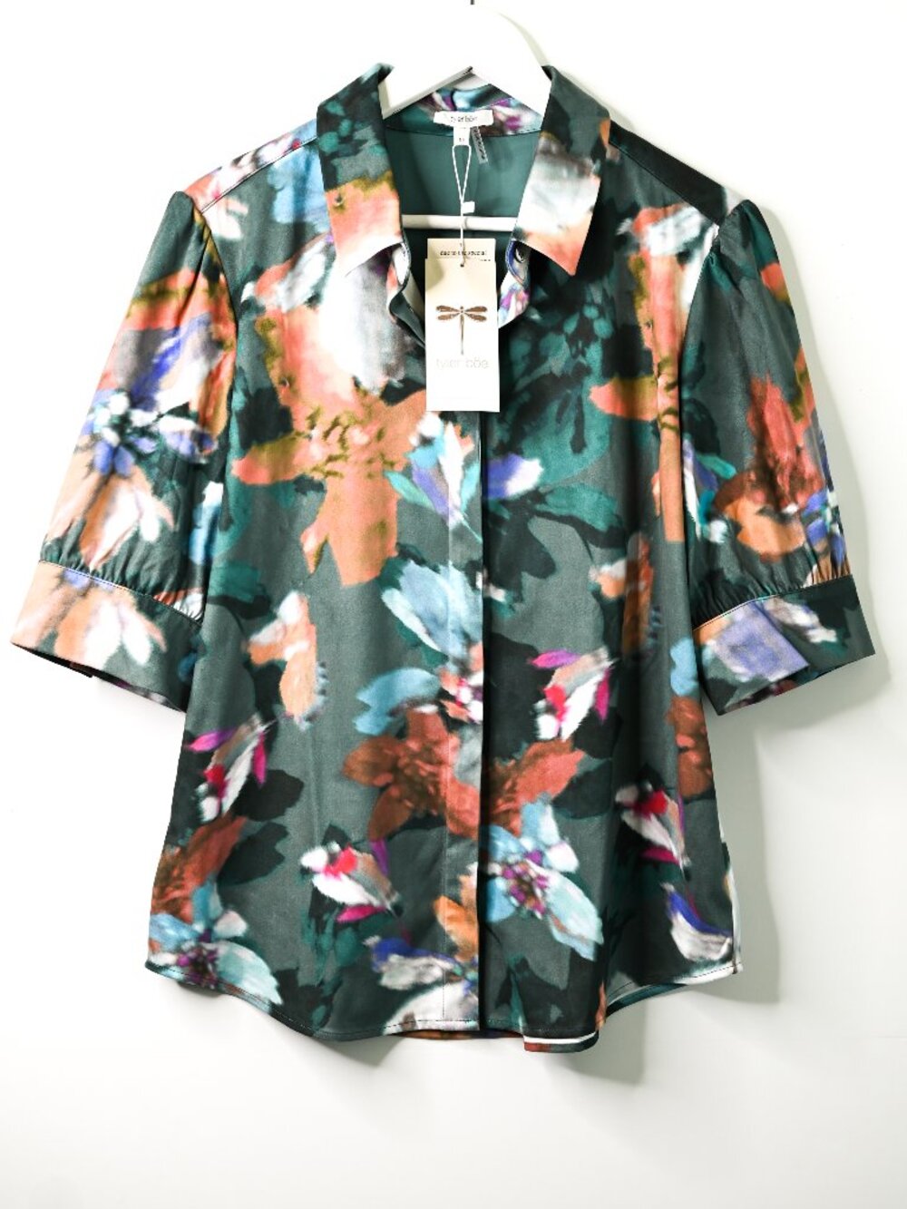 TYLER BOE Green Tan Blue Short Sleeve Button Front Collared Blouse-Size 10 - NWT